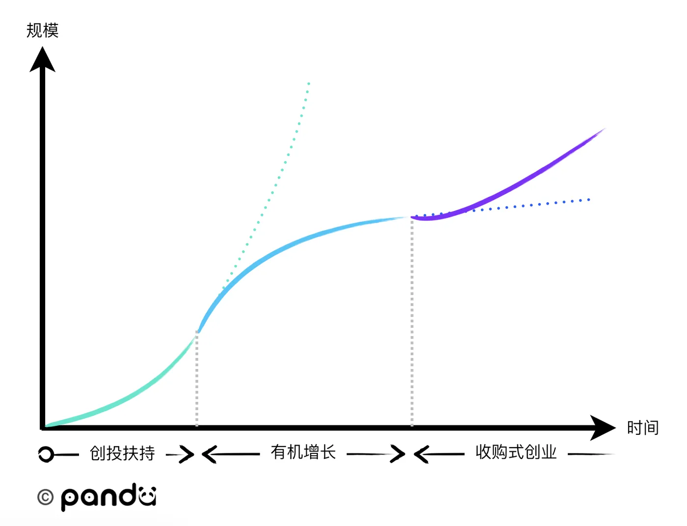 收购式创业与其他增长路径的规模时间关系。