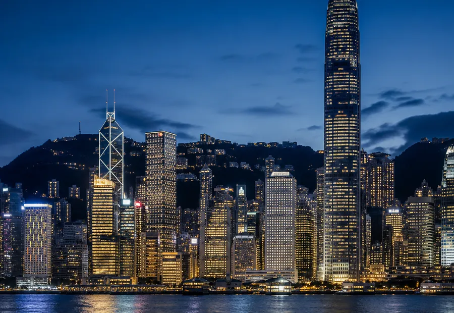 夜晚的香港维多利亚港天际线。