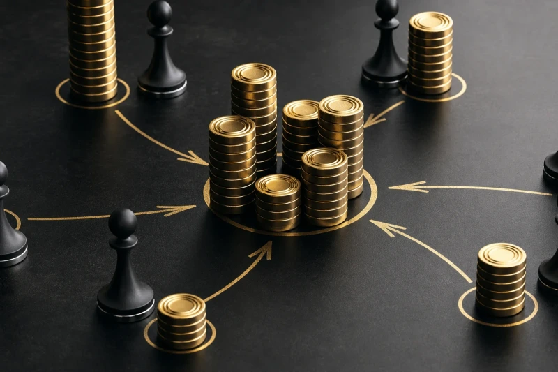 金币与棋子围绕战略路径排列，象征搜索基金的资本与经营决策。
