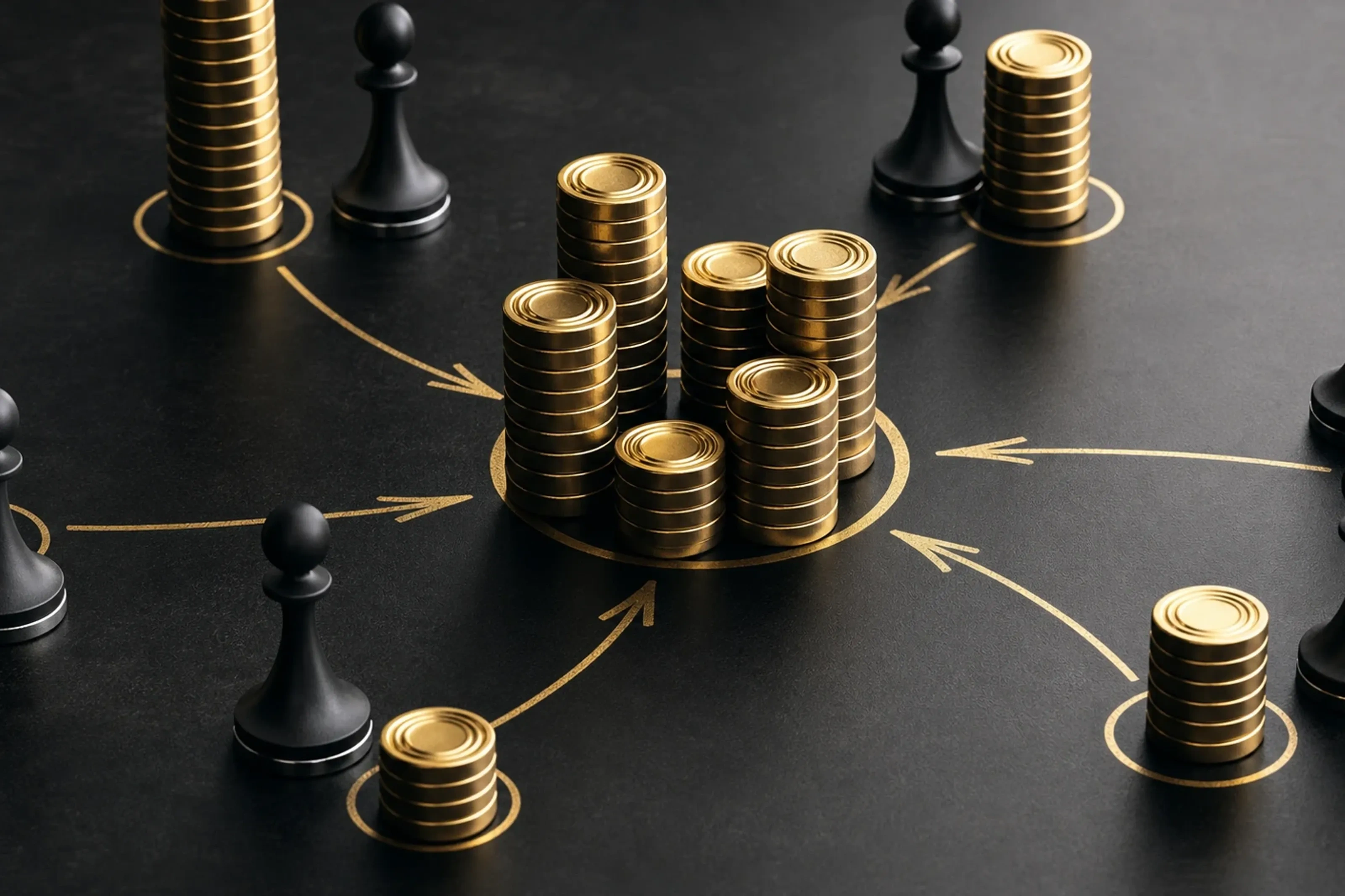 金币与棋子围绕战略路径排列，象征搜索基金的资本与经营决策。